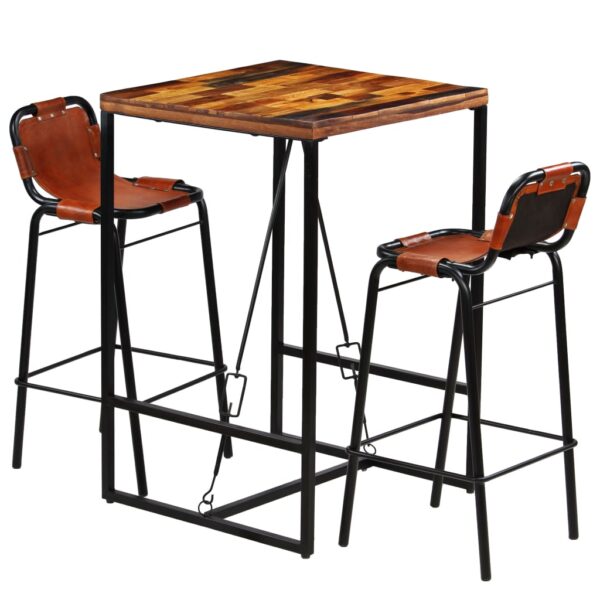 Conjunto de bar 3 pcs madeira recuperada + couro cabra genuíno