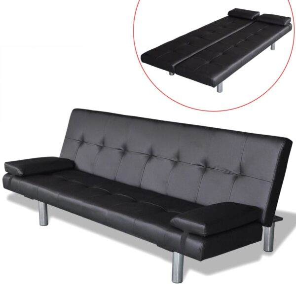 Sofa-cama ajustável com 2 almofadas couro artificial preto