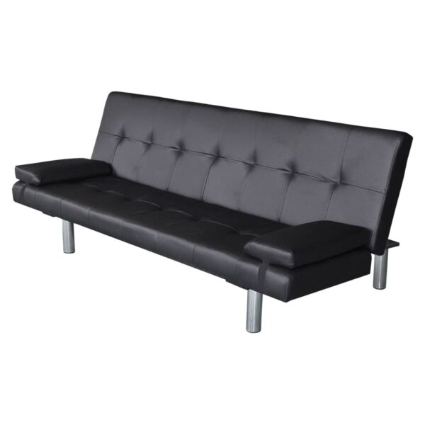 Sofa-cama ajustável com 2 almofadas couro artificial preto - Image 2