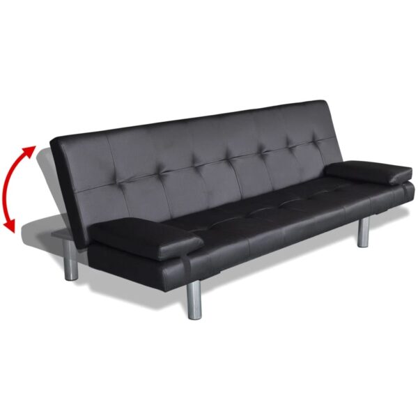 Sofa-cama ajustável com 2 almofadas couro artificial preto - Image 4