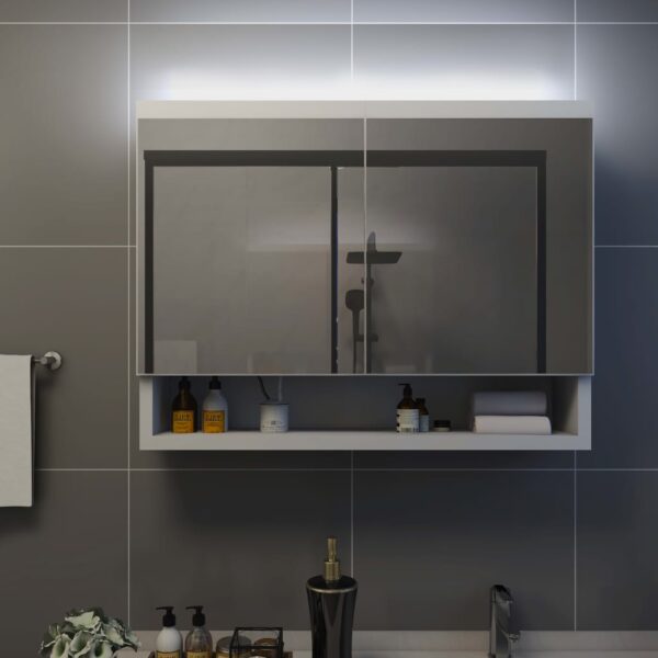 Armário espelhado casa de banho com LED 80x15x60 cm MDF branco - Image 2