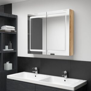 Armário espelhado casa de banho LED 80x12x68 cm carvalho