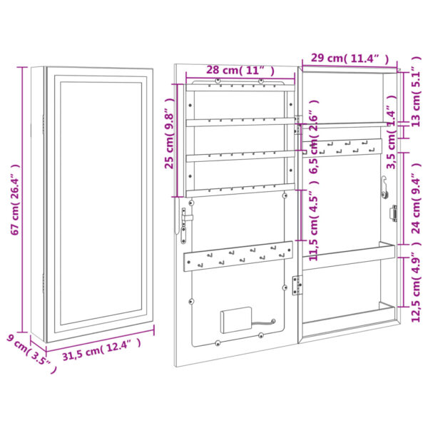 Móvel para joias de parede espelhado com luzes LED preto - Image 11