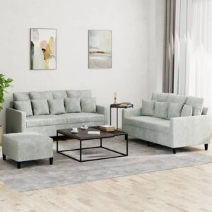 3 pcs conjunto de sofás com almofadões veludo cinzento-claro