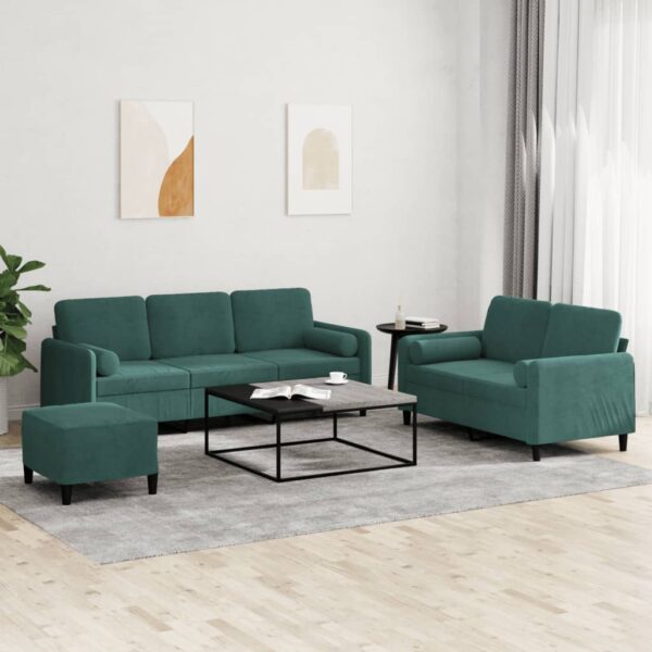 3 pcs conjunto de sofás com almofadas veludo verde-escuro