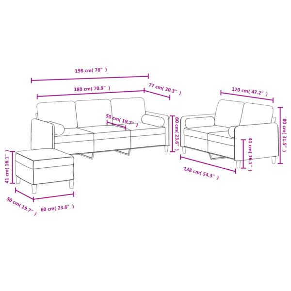 3 pcs conjunto de sofás com almofadas veludo castanho - Image 9