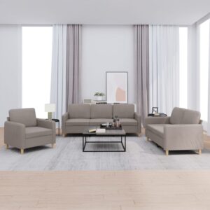 3 pcs conjunto de sofás com almofadões tecido cinza-acastanhado