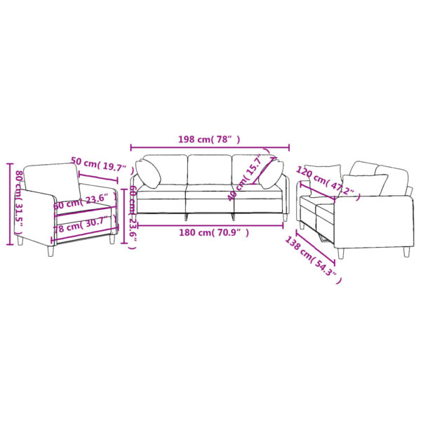 3 pcs conjunto de sofás com almofadas tecido cinzento-claro - Image 9
