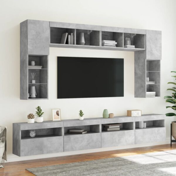 8 pcs conj. móveis de parede p/ TV luzes LED cinzento cimento - Image 3