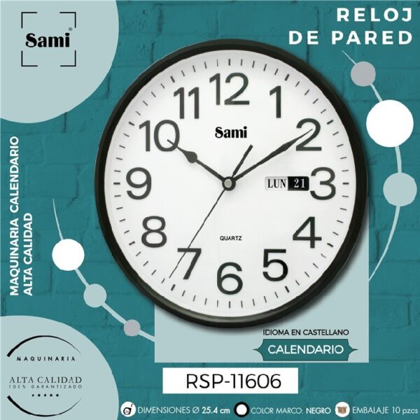 RELOJ DE PARED SAMI REDONDO 25.4CM NEGRO ESFERA BLANCA Y CALENDARIO