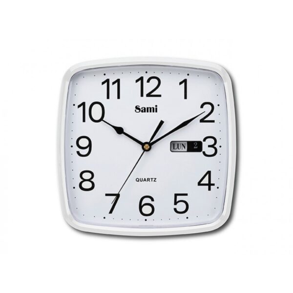 RELOJ DE PARED SAMI CUADRADO 25.4CM BLANCO ESFERA BLANCA Y CALENDARIO