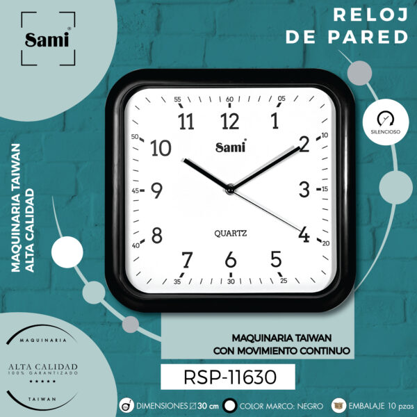 RELOJ DE PARED SAMI CUAD. 30CM NEGRO - Image 2