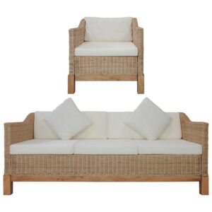 2 pcs conjunto de sofás com almofadões vime natural