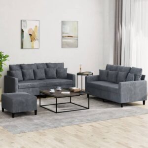3 pcs conjunto de sofás com almofadões veludo cinzento-escuro