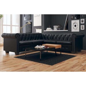 Sofá de canto Chesterfield 5 lugares couro artificial preto