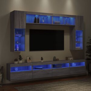 8 pcs conj. móveis de parede p/ TV c/ luzes LED cinzento sonoma